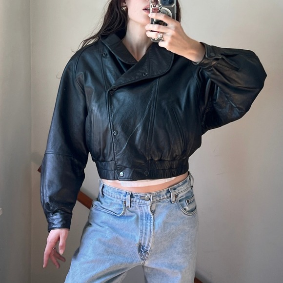 Tannery West Jackets & Blazers - Vintage 80s Leather Jacket Black Cropped Statement Bomber Moto Biker 90s